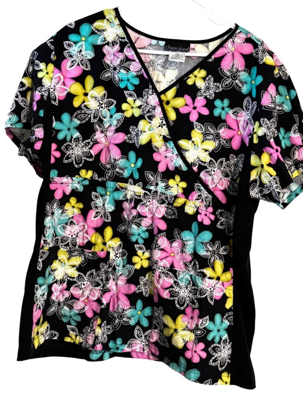 Cherokee Womens Scrub Top Floral Print 2XL Cotton Spandex Blend Black Pink Green